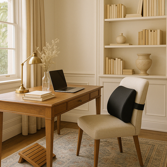 A beautifully styled home office featuring a warm wood desk, upholstered chair with a black lumbar support pillow, and brass lamp. Natural light fills the space through a large window, highlighting built-in bookshelves and soft neutral decor.
