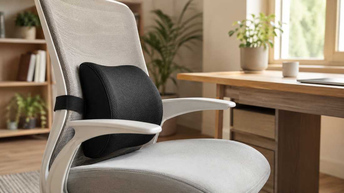 Black memory foam lumbar pillow with mesh cover and strap on an ergonomic office chair at a sunlit desk with a laptop.