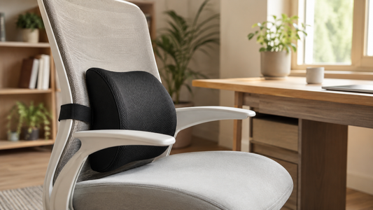 Black memory foam lumbar pillow with mesh cover and strap on an ergonomic office chair at a sunlit desk with a laptop.